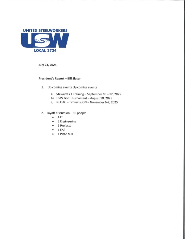 President's Report - July 23, 2025 | USW Local 2724