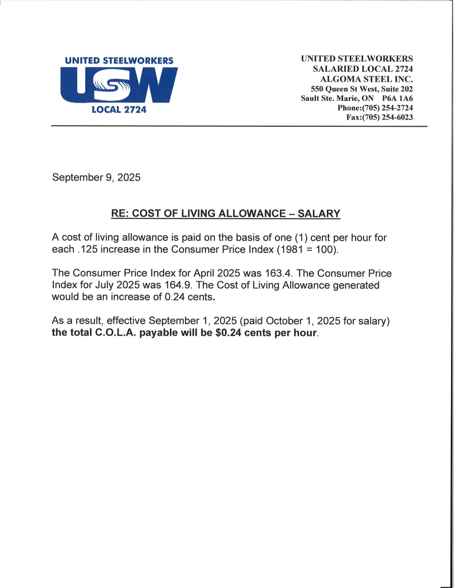 COLA Release - September 9, 2025